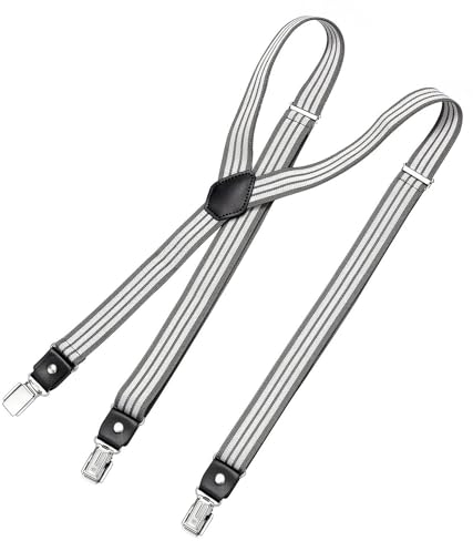 DonDon Hosenträger Herren gestreift grau weiß schmal 2,5 cm - Extra starke Clips für Anzug - Hosenträger Herren extra stark - Ideal für Männer oder Damen Rockabilly Suspenders