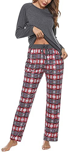Uniexcosm Pyjama Femme Coton Long Hiver Carreaux Col Ronde Manches Longues avec Poches Latérales Gris Foncé XL