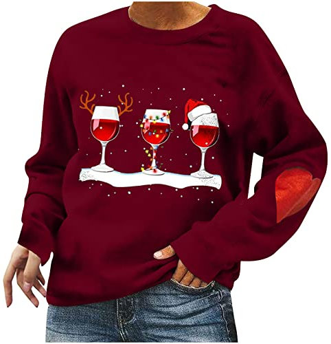 Weihnachtspullover Damen Weinglas Druck Oberteile Weihnachten Love Heart Graphic Stitching Pulli Tops Langarmshirts Herbst Winter Sweatshirt Christmas Sweater Basic All Match Tunika Bluse Streetwear