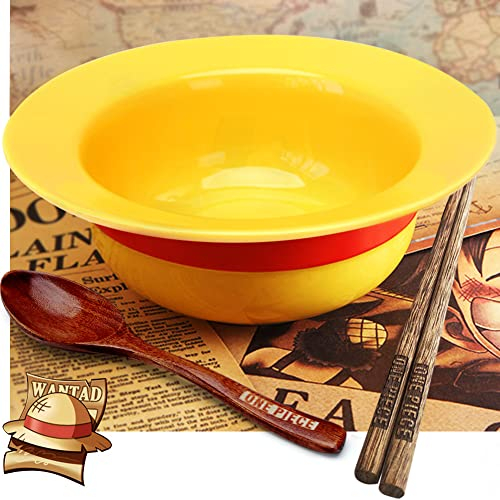 Ceramic Anime Style Straw Hat Ramen Bowl Set, Hammered Stainless Steel Fork & Spoon, Good ideal Gift Anime Merchandise for OP Fans(Captain’s Feast Edition)