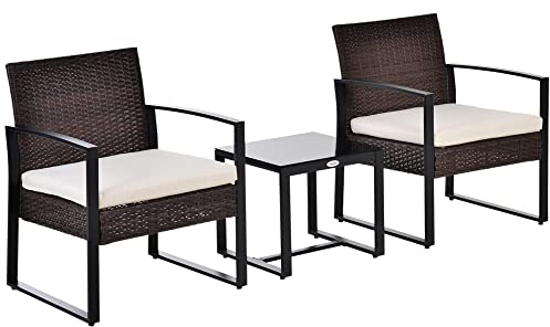 Outsunny Rattan Gartenmöbel Set Polyrattan 3 TLG. Balkonmöbel, mit Kissen Garten Braun+Creme
