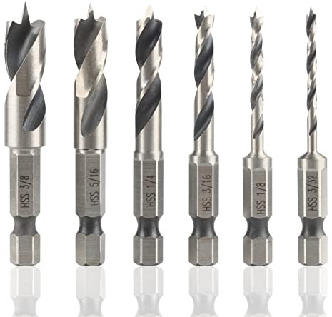 Yakamoz 6Pcs 1/4 Inch Quich Change Hex Shank Stubby Drill Bit Set for Wood Stubby Brad Point Short Drill Bits Imperial