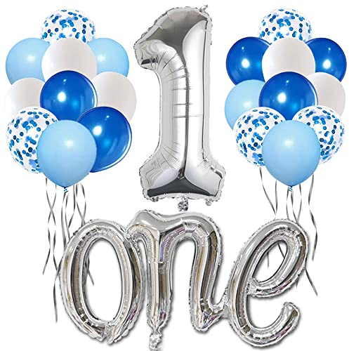 Morofme Silver One Ballon zum ersten Geburtstag 22 Stück, Nummer 1, 40 Zoll Silver One Ballon mit blau weißen Ballons zum ersten Geburtstag, großer silberner 1
