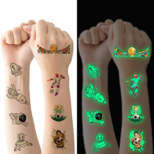 Tattoo Kinder, 20 Blätter Leuchtendes Fußball Space Temporäre Tattoos Set, Leuchten im Dunkeln Wasserdichte Hautfreundliche Kindertattoos, Party Zubehör für Kindergeburtstag Mitgebsel