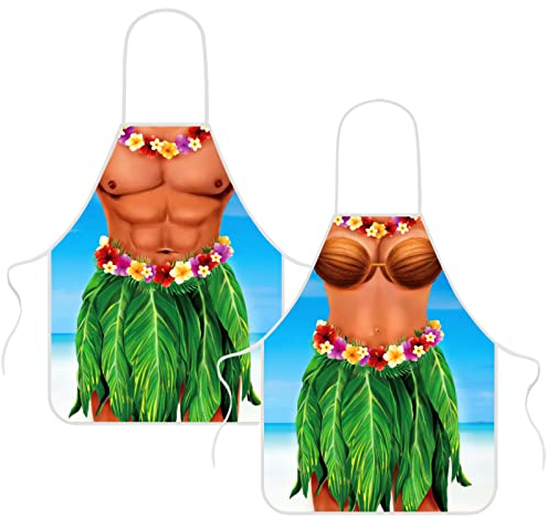 Hillban Hawaii-Schürze, kreatives Kochen, Urlaub, lustige Bikini-Schürze mit verstellbaren Taillenbändern, für Männer und Frauen, Party, Kochen, Backen, Grillen, 2 Stück