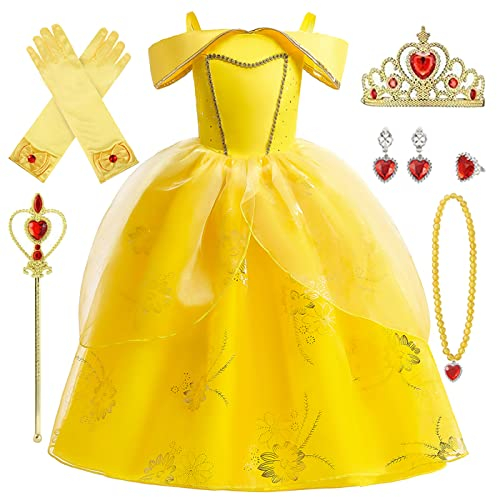 Hallojojo Kinder Prinzessin Belle Kostüm mit Accessoires Mädchen Die Schöne und das Biest Verkleidung Geburtstag Party Halloween Weihnachten Karneval Cosplay Prinzessin Kostüm