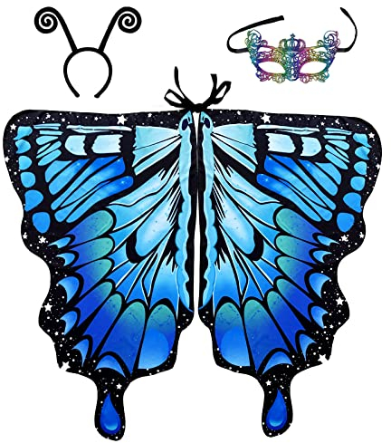 Bseical Schmetterling Kostüm Damen,Karneval Kostüm Damen,Schmetterling Umhang Schal,Fasching Kostüm Mit Bunter Maske Und Stirnband,Fee Kostüm,für Cosplay Karneval Halloween Weihnachten (Blau Grün)