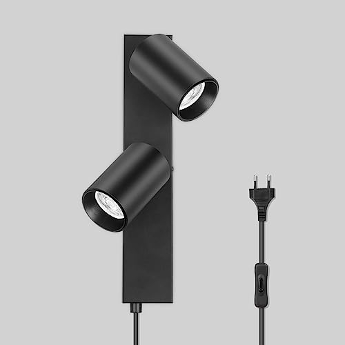 TaFiCo Wandleuchte mit Schalter Innen GU10 - Wandstrahler 2 Spots mit Schalter und Stecker Schwarz Wandlampe Vintage Wandspot Drehbare 350° für Wohnzimmer Schlafzimmer Küche Ohne Leuchtmittel