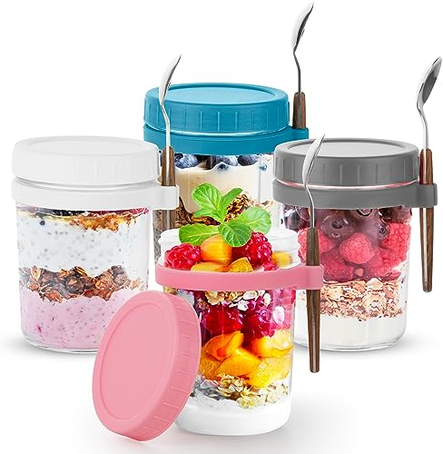Dyserbuy 4 Pack Overnight Oats Containers with Lids and Spoons, 350ml/12oz Mason Jars for Overnight Oats, Glass Airtight Jars with Measurement Marks for Milk, Cereal On The Go Container