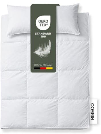 RIBECO GERMANY Daunenbettdecke Johanna 135x200 cm & Kopfkissen 40x80 cm Set | Wärmeklasse: normal, Daunendecke & Kopfkissen aus Federn & Daunen, hausstauballergikerfreundlich, Made in Germany