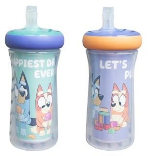 The First Years Bluey Insulated Straw Cup - Bluey Sippy Cups with Straw - Kids Water Bottles - 9 Oz - 2 Count - Ages 9 Months and Up