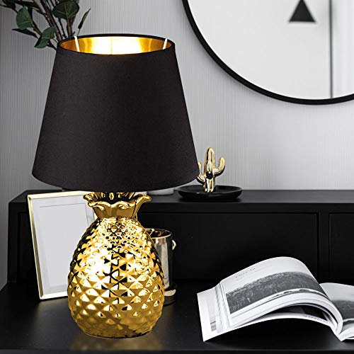 etc-shop Tischlampe Gold Keramik Tischleuchte, LED Warmweiß 5W 470lm, Textil-Schirm Schwarz, Nachttischlampe, Leselampe, Ananas-Design, H 35 cm
