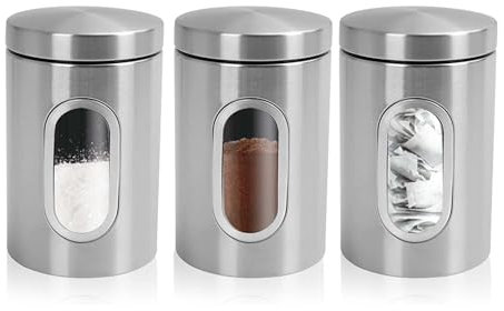 PREMZO Jars 3 Piece Set Canister Kitchen Caddy Containers Storage Ergonomic Food Stainless Steel Jar With Airtight Lid Viewing Glass For Tea Coffee Sugar Nuts Cereal spices