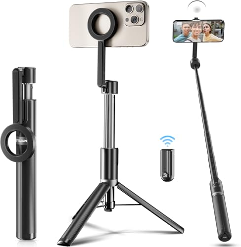 TELESIN Tragbares Magnetisches Selfie-Stativ mit Wiederaufladbarem 3-stufig Verstellbarem Magnetischem Ringfülllicht für iPhone 15, 14, 13, 12 Series Pro Max und Android-Handys Magnetischer Funktion