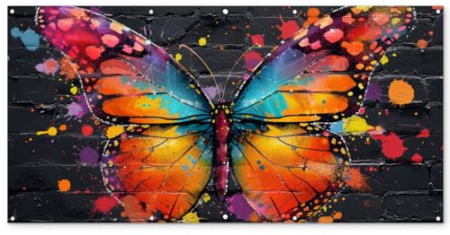 MuchoWow© Gartenposter Groß 200x100 cm XXL Outdoor Bilder Gartendeko für draußen Wetterfest Garten Deko Banner Draußen Bild Garden Decoration Schmetterling - Graffiti - Neonkunst - Farbenfroh - Kunst