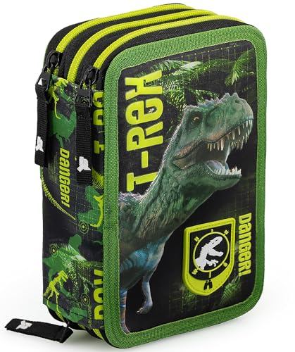 Julian Ross 3-Fach Federmäppchen – 45-teilig, komplett gefüllt – mit Schere, Kleber, Buntstiften & Filzstiften – Federtasche T-Rex Dinosaurier – Grün – ideal für die Schule & als Geschenk für Jungen