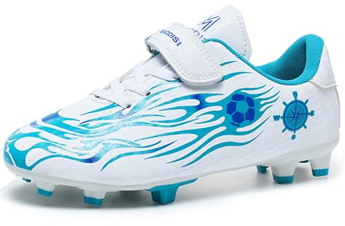 GOGOUP Boys Astro Turf Football Boots Indoor Outdoor Athletic Sneakers Trainers Junior Non-Slip Sports Shoes Unisex White Blue 4 UK