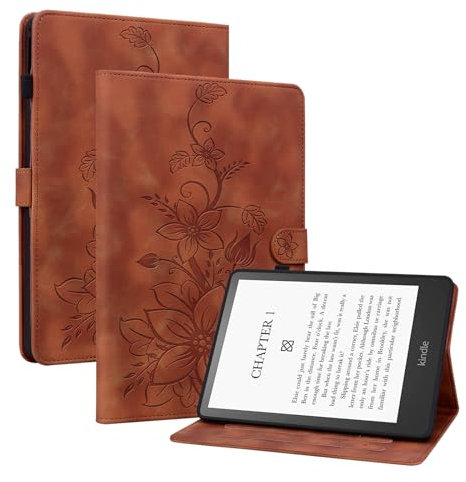 SLLMYYX Étui pour Kindle Paperwhite (11e génération-2021/2023/2024), motif fleur de lys en cuir PU, plusieurs angles de vision, support fin (marron)