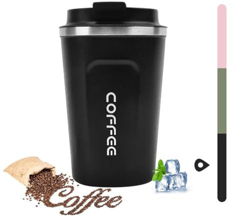 huiyoujiu Coffee Cup, 380ml Reusable Travel Mug, Leakproof Double Wall Coffee Cup, Insulation Stainless Steel Travel Office Cup for Hot Cold Coffee Tea Drinks (Black, 380ml)