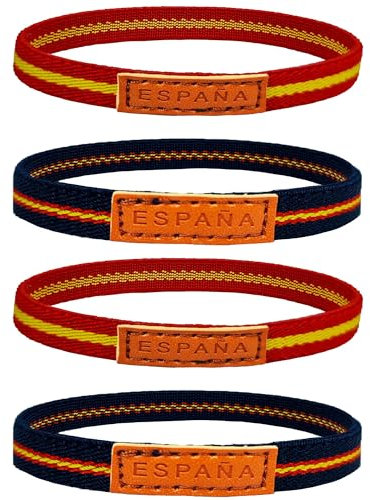 PROUTHS Pulsera España, Pulsera con la Bandera de España para hombre y Mujer, Pulsera de Tela Elástica Talla Única, Pulsera con Trozo de Cuero