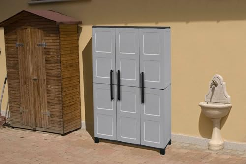 Dmora - Armoire d'extérieur Nandrin, Armoire à balais, 3 Portes, 100% Made in Italy, 102x37h169 cm, Gris Clair et Noir, Finition Damier