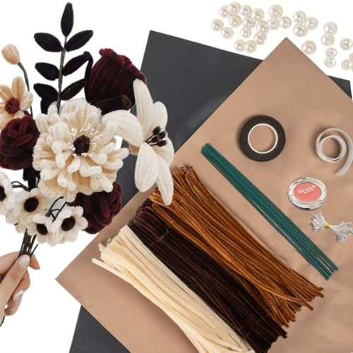 Vintage Pfeifenreiniger Blumen Kit mit 200 Pcs Pfeifenputzer in 3 Farben(Dunkelbraun,Hellbraun, Hautton),10 Blumendraht,40 Perles,40 Staubgefäße,Kreppband,Blumenpapier,Geschenkband