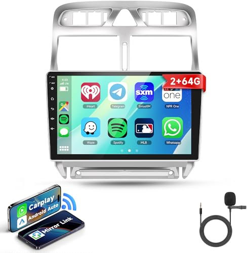 Rimoody 2G+64G Wireless Carplay Android Radio de Coche para Peugeot 307/307CC/307SW 2002-2013 9 Pulgadas Radio con Android Auto Navi GPS WiFi Mirror Link Bluetooth FM/RDS/Dab/DVR/EQ Cámara Trasera