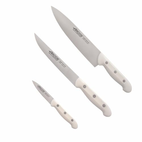 Arcos Serie Artika - Set de Cuchillos de Cocina 3 piezas (Mondador + Cocina + Chef) - Hoja de Acero Inoxidable NITRUM - Mango de Polipropileno Color Blanco