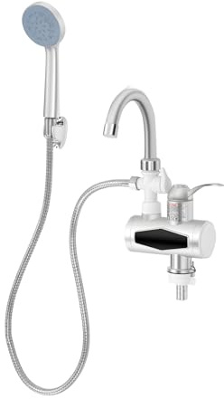 Elektrische Heizung Wasserhahn aus Edelstahl mit Handbrause, 360° Drehbarer Sofortiger Warmwasserbereiter mit LCD-Anzeige, Elektrische Warmwasserhahn Mischbatterie mit Durchlauferhitzer