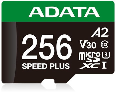 ADATA Carte mémoire Speed Plus MicroSDXC UHS-I U3 Classe 10 256 Go avec adaptateur, noir et vert