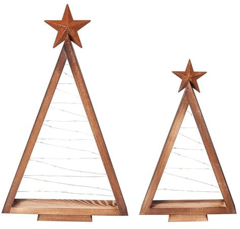 Belupai 2 Pezzi Albero di Natale in Legno con Luci, Albero di Natale da Tavolo con Puntale a Stella Mini Decorazione per Albero di Natale Illuminato Decorazione a Triangoli per