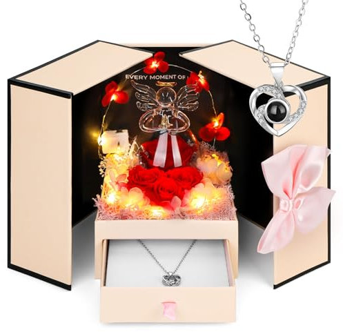 SHTALHST Ewige Rose Premium Geschenk Set mit LED-Beleuchtung & Engel Figur mit Kette für Mama Freundin,Romantische Geschenkidee für Ehefrau zu Geburtstag/Muttertag/Valentinstag