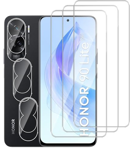 Dlxiks 3 Pièces Verre Trempé Pour Honor 90 Lite avec 3 Pièces Caméra Arrière Protecteur,HD Transparent, Dureté 9H-sans Bulles d'air-Anti Rayures Film Protection écran