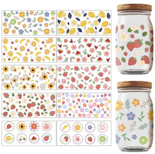 GOMAKERER 10 Blatt Blumen UV DTF Cup Wraps Boho Transferaufkleber Mit Bunten Blumen Und Früchten Wasserdichte PVC Aufkleber Für (30) ml Glasbecher Milchteetassen Becher Behälterdekor