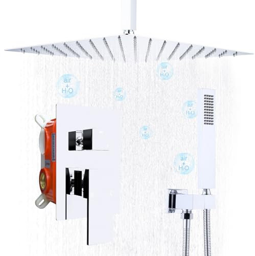 GETSHOWERSET Rainfall Shower System with Handle Set, Ceiling Mounted 16 Inch Rain Shower Head with Handheld Spray, High Pressure Shower Faucet Combo Set with Rough-in Valve, Chrome