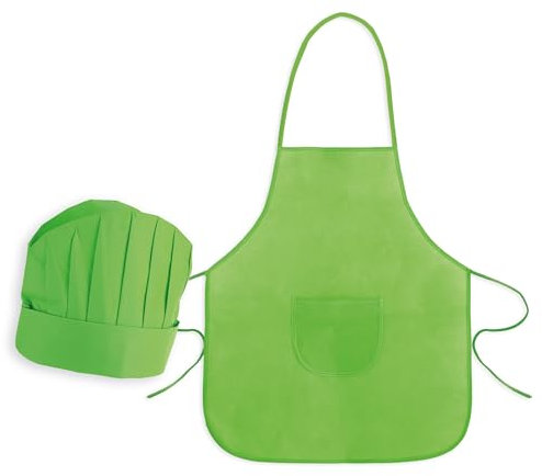 BLUECHOLON Set Infantil de Cocinero con Delantal y Gorro, Delantal Chef Non Woven 80g, 49,5 x 59,5 cm (Verde)