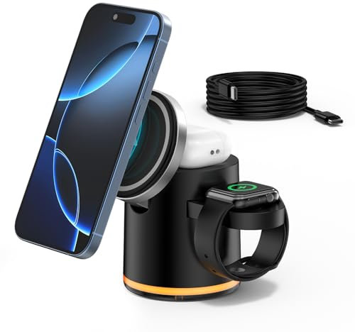 3 in 1 Wireless Charger iPhone Cube with Night Lamp, Magnetic Apple Watch Charger Station with USB C Cable for iPhone 16/15 Pro Max/Plus, Apple Watch 10/AirPods, Foldable Multiple Charging Dock Stand