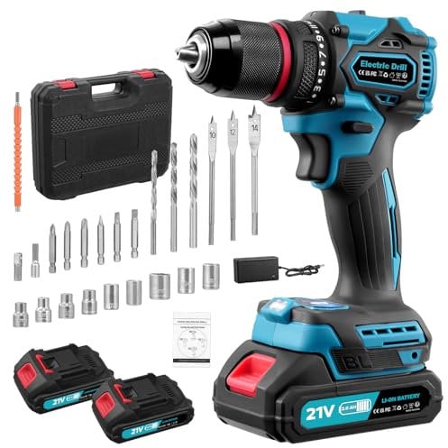 Hondony 21V Cordless Drill Driver, Brushless Motor, 50N.m Max Torque, 2 Speed, LED Work Light, 2 Batteries 2000mAh, Cordless Hammer Drill for Home and Garden DIY Projects