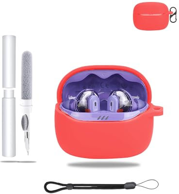 Custodia protettiva in silicone per auricolari JBL Tune Beam 2, custodia di ricarica antiurto, include portachiavi, kit di pulizia e cordino, elegante e protettiva, rosso