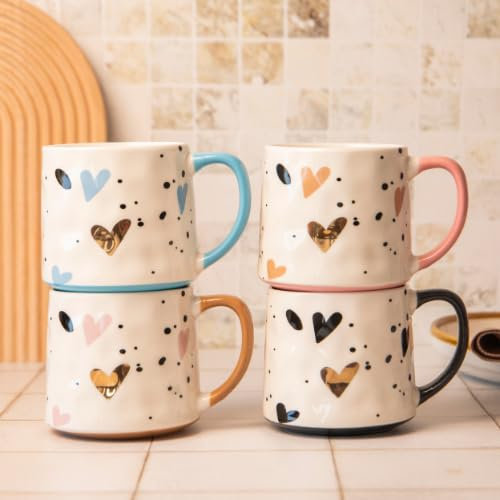 Bone China Mug with Gold Heart 500ml Decal Luxury Ceramic Tea & Coffee Cup with Coloured Handle Gift Mug for Women, Valentine’s, Birthday or Everyday Use Assorted Colours (Black)