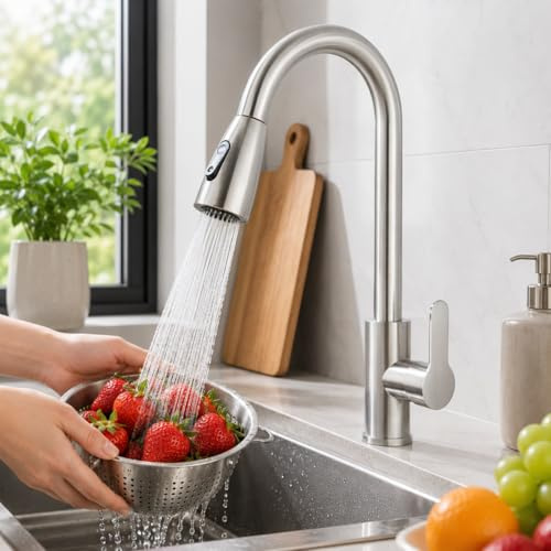 TVTIUO Kitchen Tap, 360°Swivel Single Handle High Arc Kitchen Sink Faucet, Brushed Nickel,Mixer Taps with Pull Out Sprayer