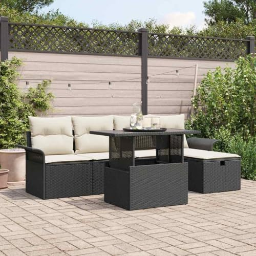 Holamys Gartensofa-Set, 6-teilig, Schwarz Poly-Rattan, modular, mit Kissen, 5-Sitzer, höhenverstellbarer Gartentisch, UV-beständig, Outdoor Terrassenmöbel mit Stauraum für Garten und Balkon