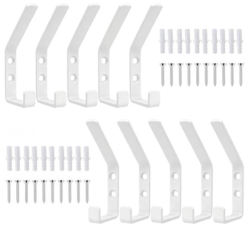 Kisizity 10 Stück Garderobenhaken Weiß Metall Haken für Akustikpaneele | Doppelhaken | kaltgewalztes Stahlmaterial | 3mm dick | Wandhaken für Schlafzimmer Küche Badezimmer Wandpaneele Kleiderhaken