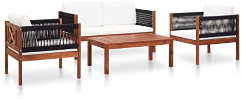 QUAHEAS Salon de jardin 4 pièces en bois d'acacia massif, résistant aux intempéries, pour terrasse, balcon, jardin, avec coussins et table basse, design moderne en corde