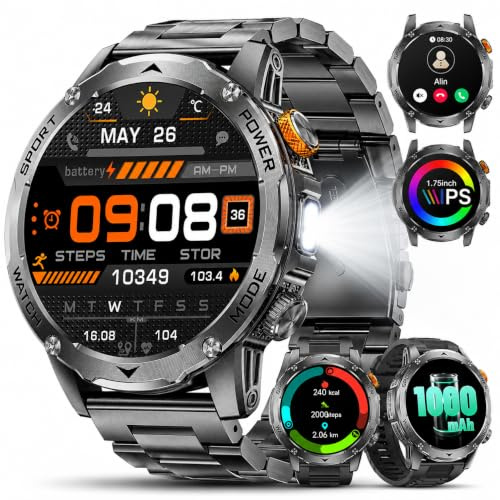 LIMIGE Reloj Inteligente Hombre,1000mAh,3 Correas,1.75 HD Smartwatch Hombre Militar con Llamadas LED Linterna 5ATM Impermeable 120+ Modos Deportivos Podómetro Pulsera Actividad Android iOS Negro