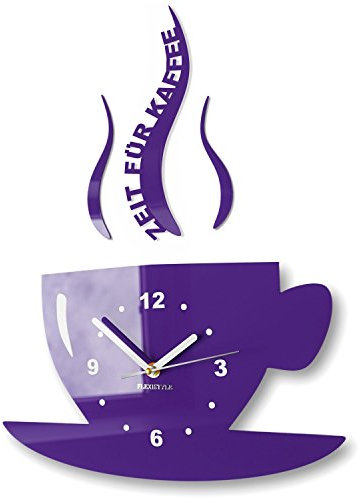 FLEXISTYLE Tasse Zeit für Kaffee Moderne Küche Wanduhr, 3D römisch, wanduhr deko (Violett (blaubeere)), 32 x 19 cm