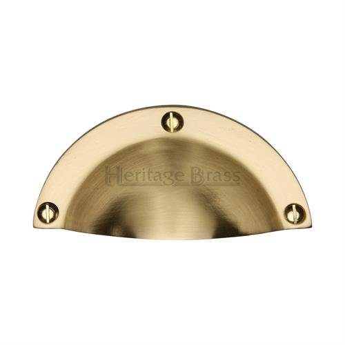 Drawer Pull Handle Heavy Duty Traditional Fingertip Cup Bin Pull Design 97mm Width Supplied Matching Screws Solid Brass Construction Kitchen Bathroom Cupboards Cabinet Doors Drawers (Satin Brass)