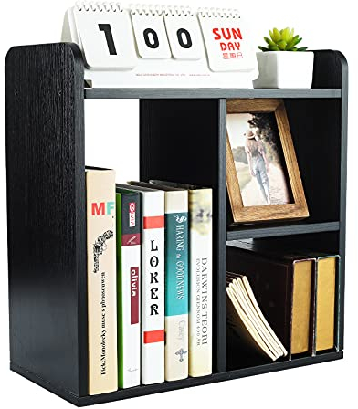 PAG Desktop Kleines Regal Holz Bücherregal Klein,Schreibtisch Organizer und Zubehör Display Rack, Für Büro, Schule und Zuhause,Schwarz
