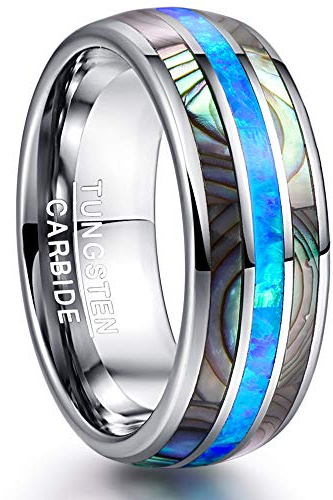 NUNCAD Bague Homme en Carbure de Tungstène, Anneau Colorée avec Coquille et Opale,8 mm, Alliance de Mariage Unique Bleu Taille 72(22.9)