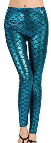 Minetom Damen Fischschuppe Leggings Fisch Schuppen Scale Strumpfhose Hüfthose Hose Karneval Kostüm Mädchen Elastisch Skinny Pants Blau M